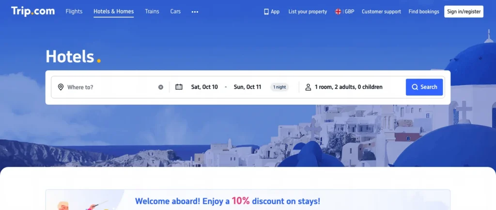 Trip.com hotel search in English with stay dates and number of guests