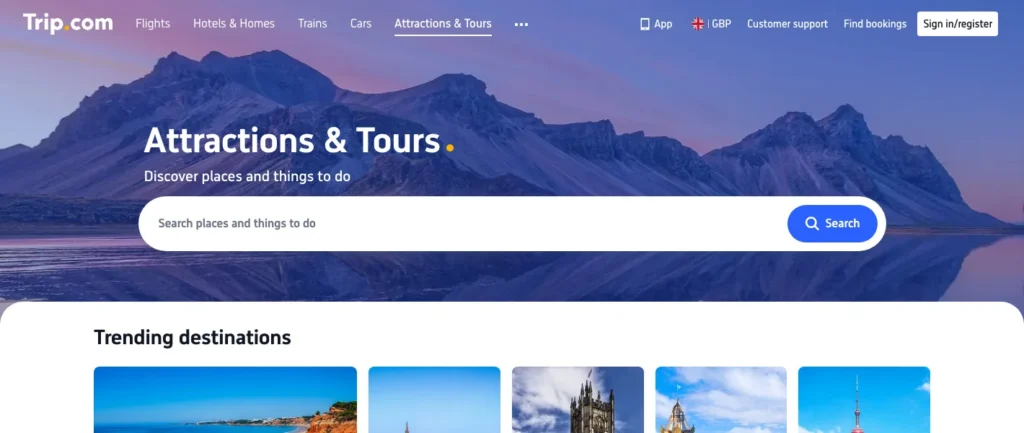 Attractions and tours search on the English Trip.com site