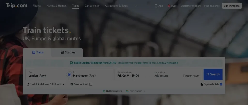 Trip.com train ticket search form in English